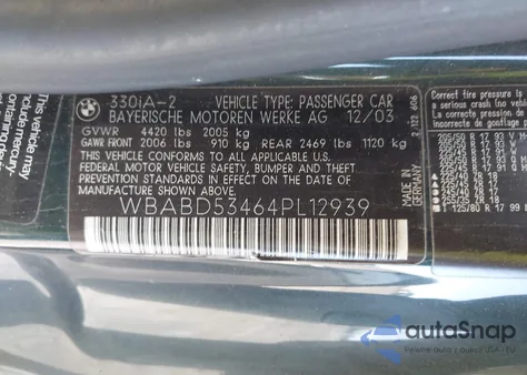 2004 BMW 330Ci из США, поврежденный, VIN WBABD53464PL12939